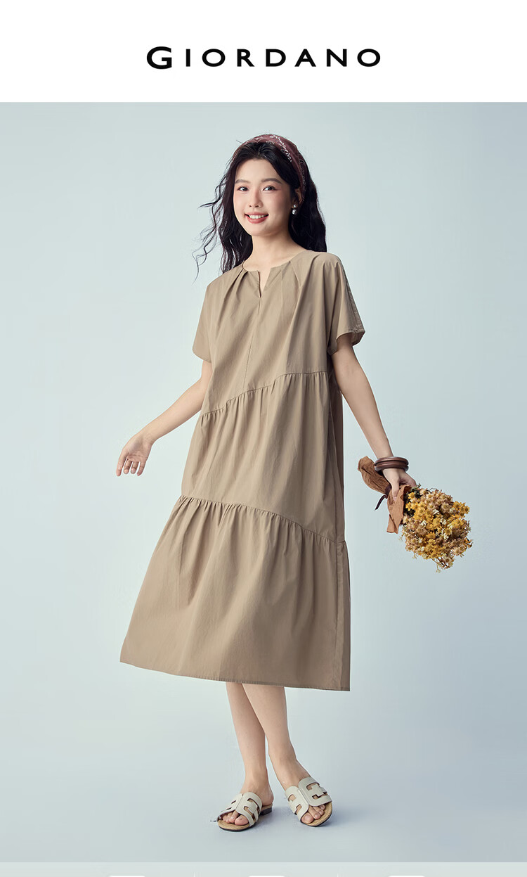 Giordano Women's Summer New Pure Cotton Pleated Ruffled Cake Dress V-Neck Short Sleeve Dress 05466077 3