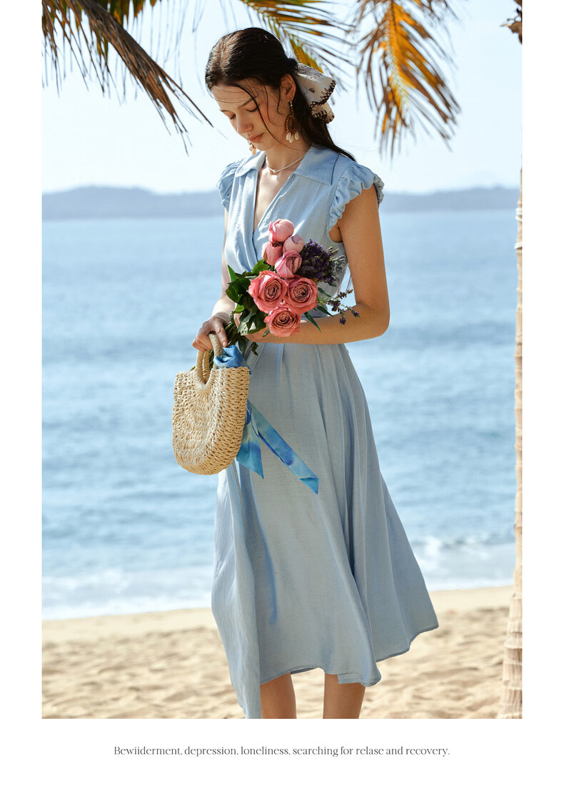 Olrain French Style Lace-Up Waist Design New Vacation Casual Puff Sleeve Dress Blue XL 11