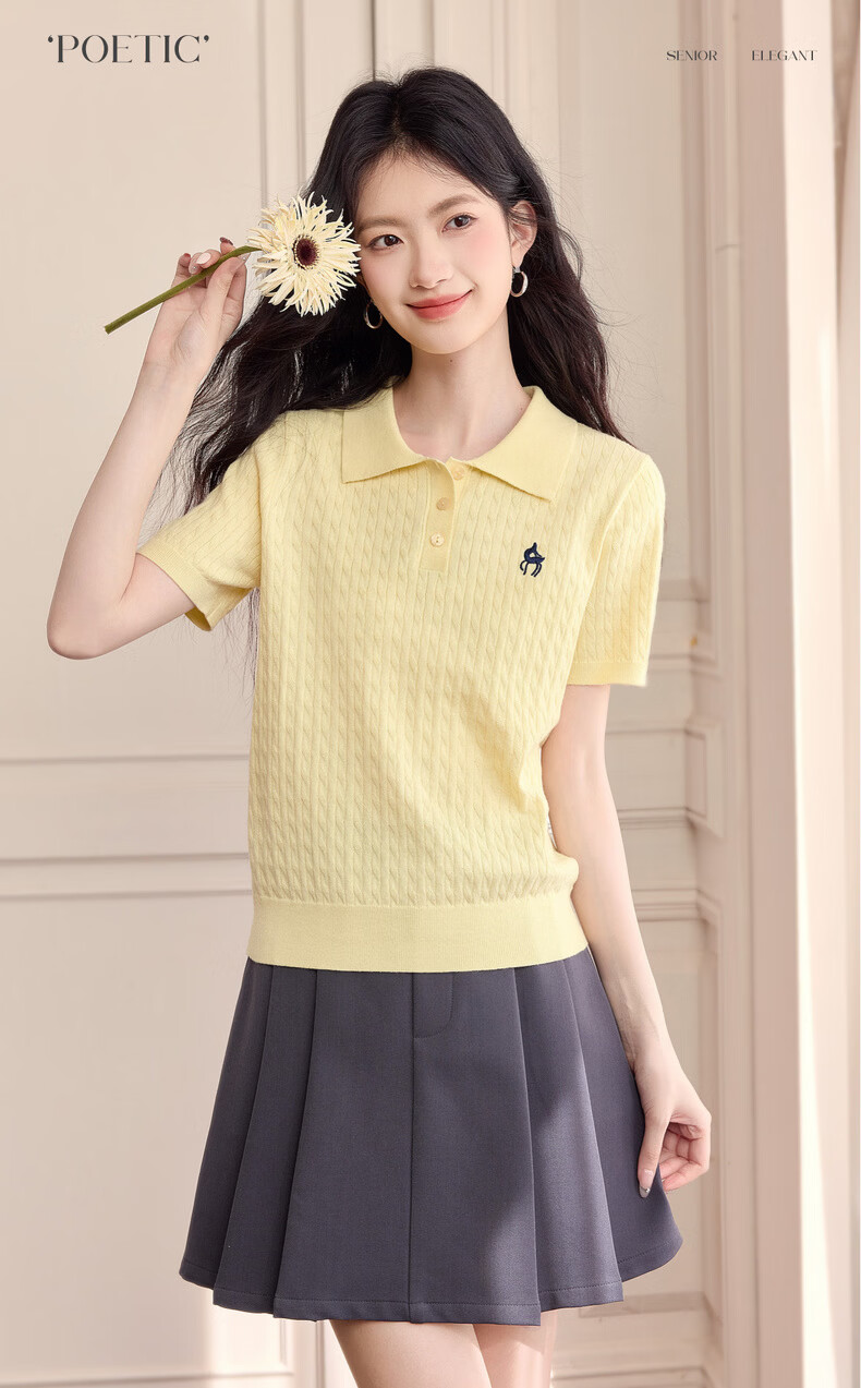 Sllsky College Style Polo Collar Cable Knit Short Sleeve Sweater Women Spring Summer New Wool Embroidered Top 2