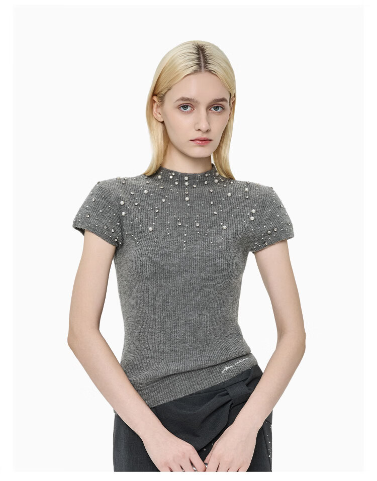 ANN ANDELMAN Galaxy Series Pearl and Diamond Embellished Semi-Turtleneck Short Sleeve Knit Top Fashion Slim Fit Gray XS 8