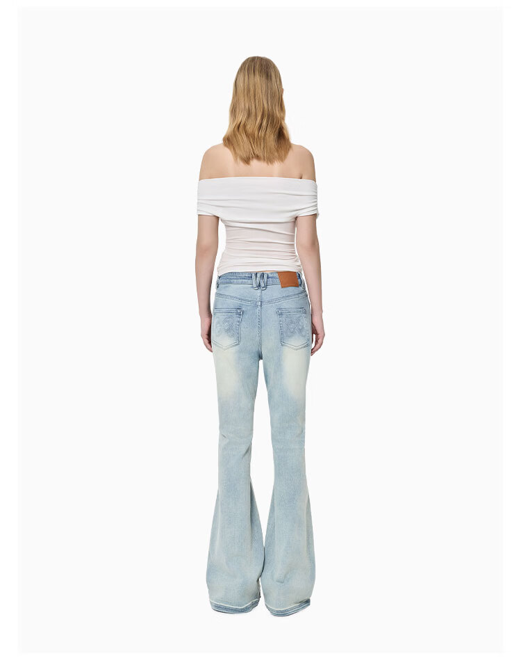 ANN ANDELMAN Galaxy Series Starry Rhinestone Washed Denim Blue High Waist Slight Flare Casual Pants Blue XS 4