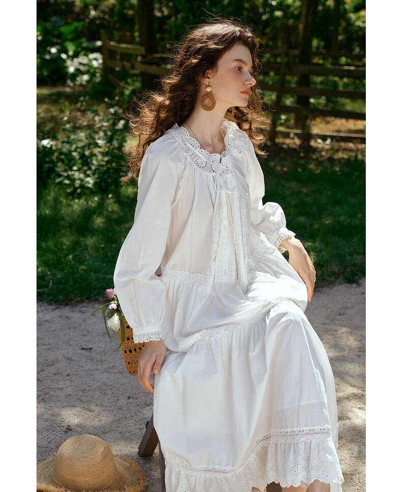 Olrain French Embroidered Hollow Lace Collar Long Sleeve Dress Women Spring Loose Elegant Long Dress White S 20