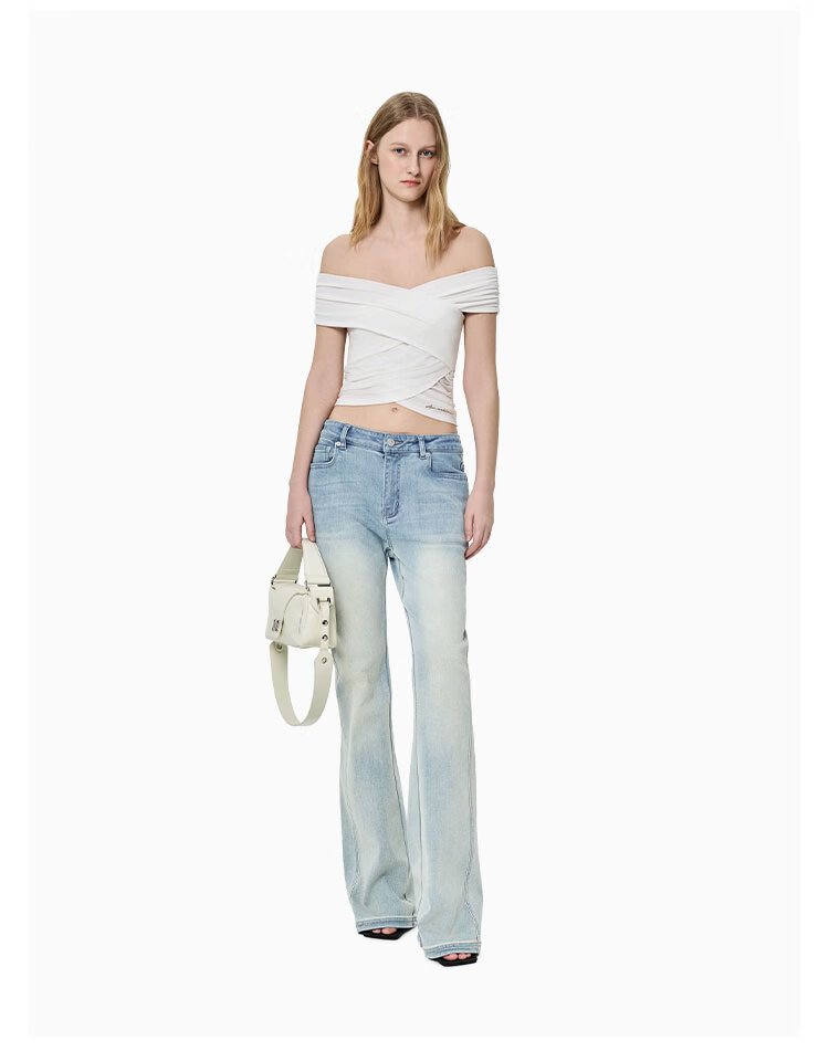 ANN ANDELMAN Galaxy Series Starry Rhinestone Washed Denim Blue High Waist Slight Flare Casual Pants Blue XS 2
