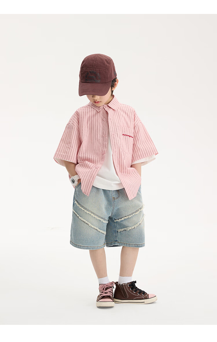 Paitown Boys' Shirt 2026 Summer New Children's Striped Loose Short Sleeve Shirt for Big Kids Trendy 17