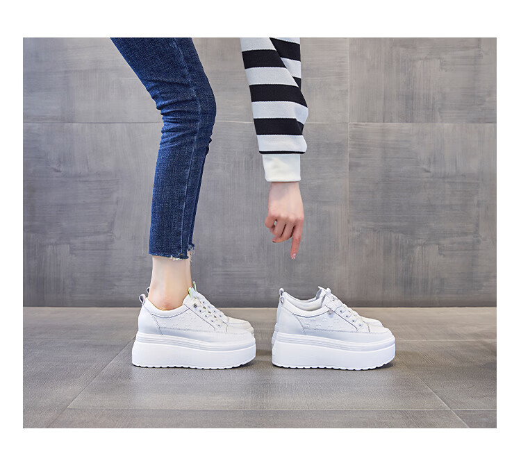 夏天女真皮内增高鞋小白鞋女新款小个子女鞋松糕厚底休闲鞋米绿34