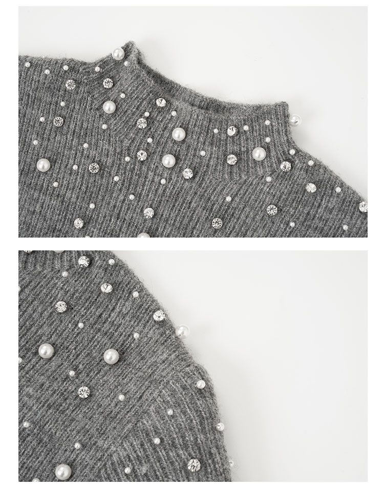ANN ANDELMAN Galaxy Series Pearl and Diamond Embellished Semi-Turtleneck Short Sleeve Knit Top Fashion Slim Fit Gray XS 13