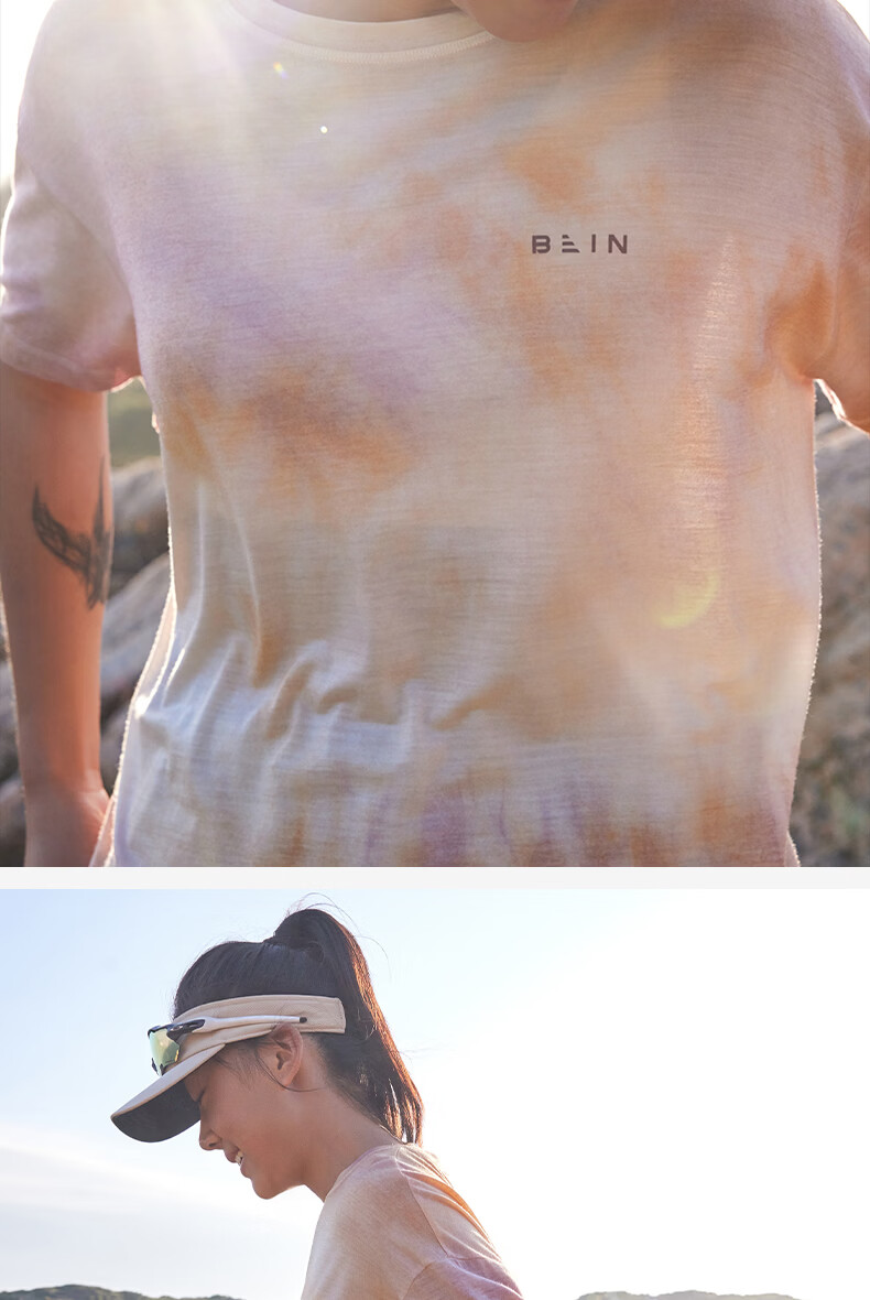 BEIN SPACE Summer New Washable Merino Wool Gradient Sports Hiking Short Sleeve T-Shirt Women J027 Sunset Orange XS 16