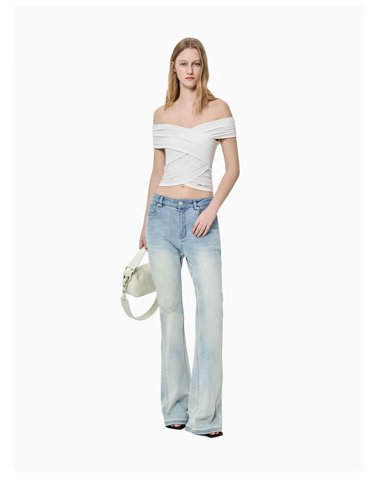 ANN ANDELMAN Galaxy Series Starry Rhinestone Washed Denim Blue High Waist Slight Flare Casual Pants Blue XS 5