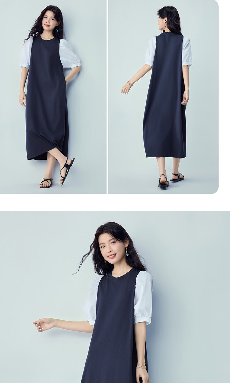 Giordano Women's Loose Dress 2026 Summer Fake Two-Piece Spliced Mid Sleeve Round Neck Cocoon Dress 05466456 13