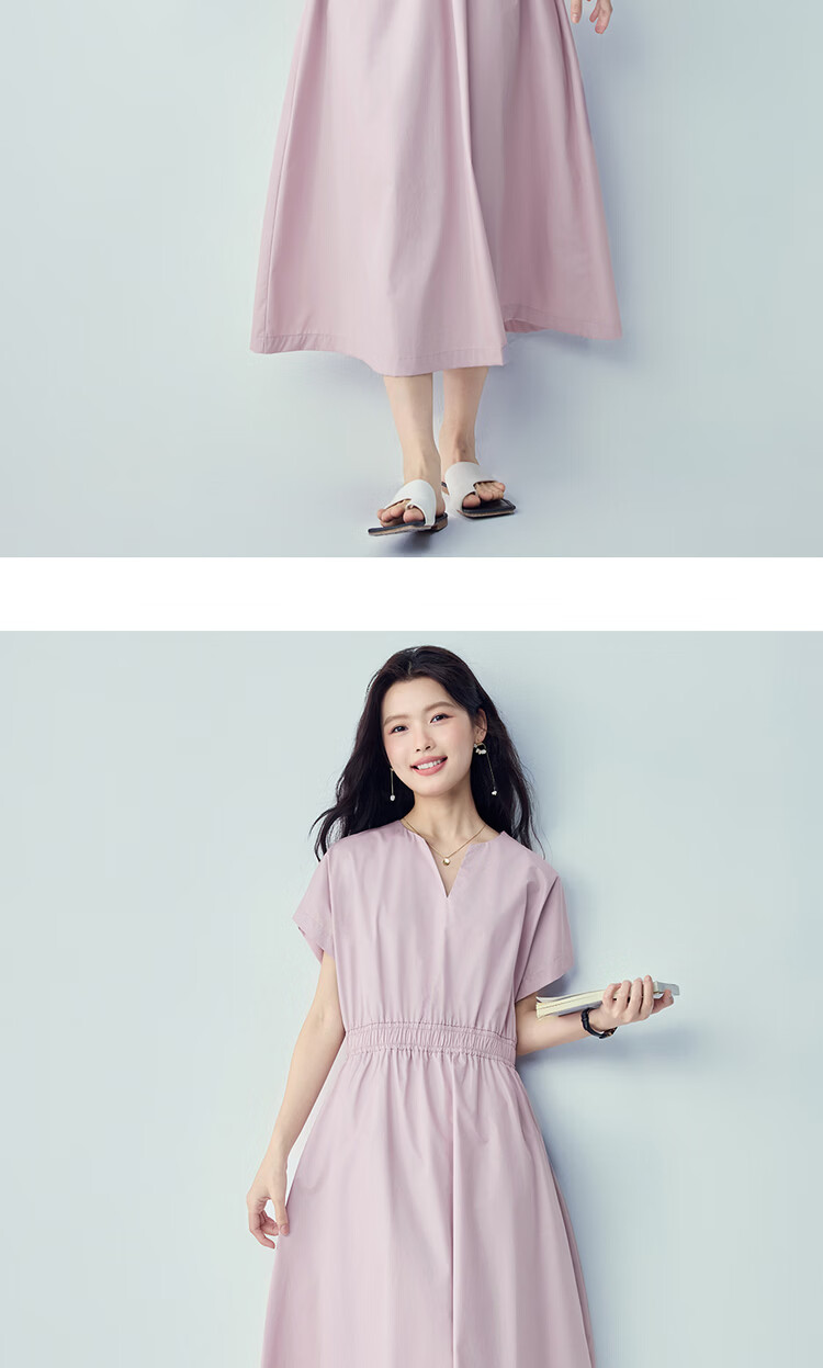 Giordano Minimalist Style Women's Summer New Pure Cotton Elastic Waist V-Neck Short Sleeve Dress 05466343 16