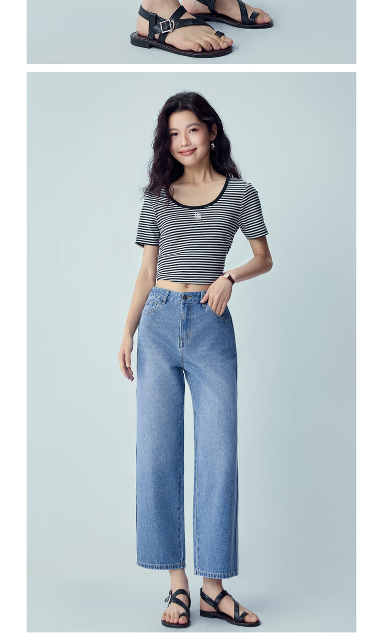 Giordano 2026 Summer New Cat Whisker Color-Block Side Mid-Rise Straight-Leg Cropped Jeans for Women 13426336 14