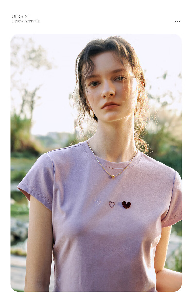 Olrain Oureier Summer New Women's Round Neck Heart Embroidery Casual Pullover Short Sleeve T-Shirt Top Purple M 7