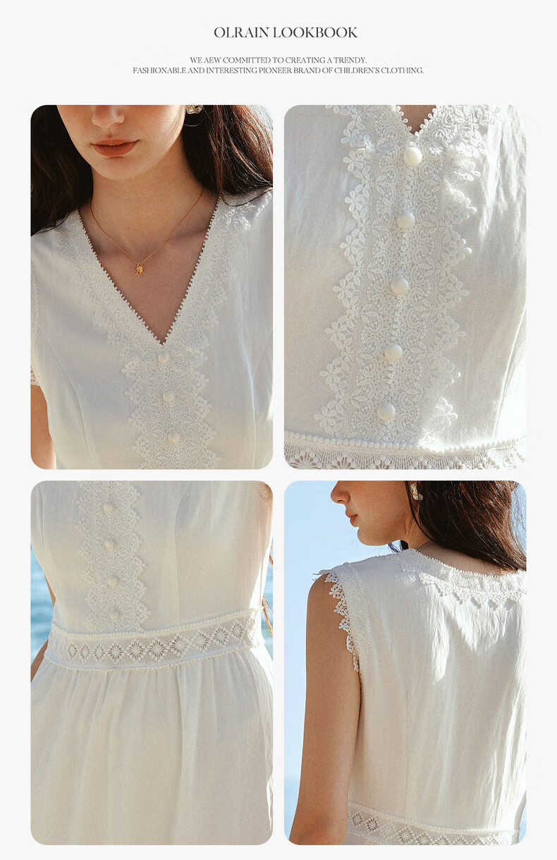 Olrain French Style V-Neck Lace Trim Waist Cinched Sleeveless Vest Dress Long Dress White M 12