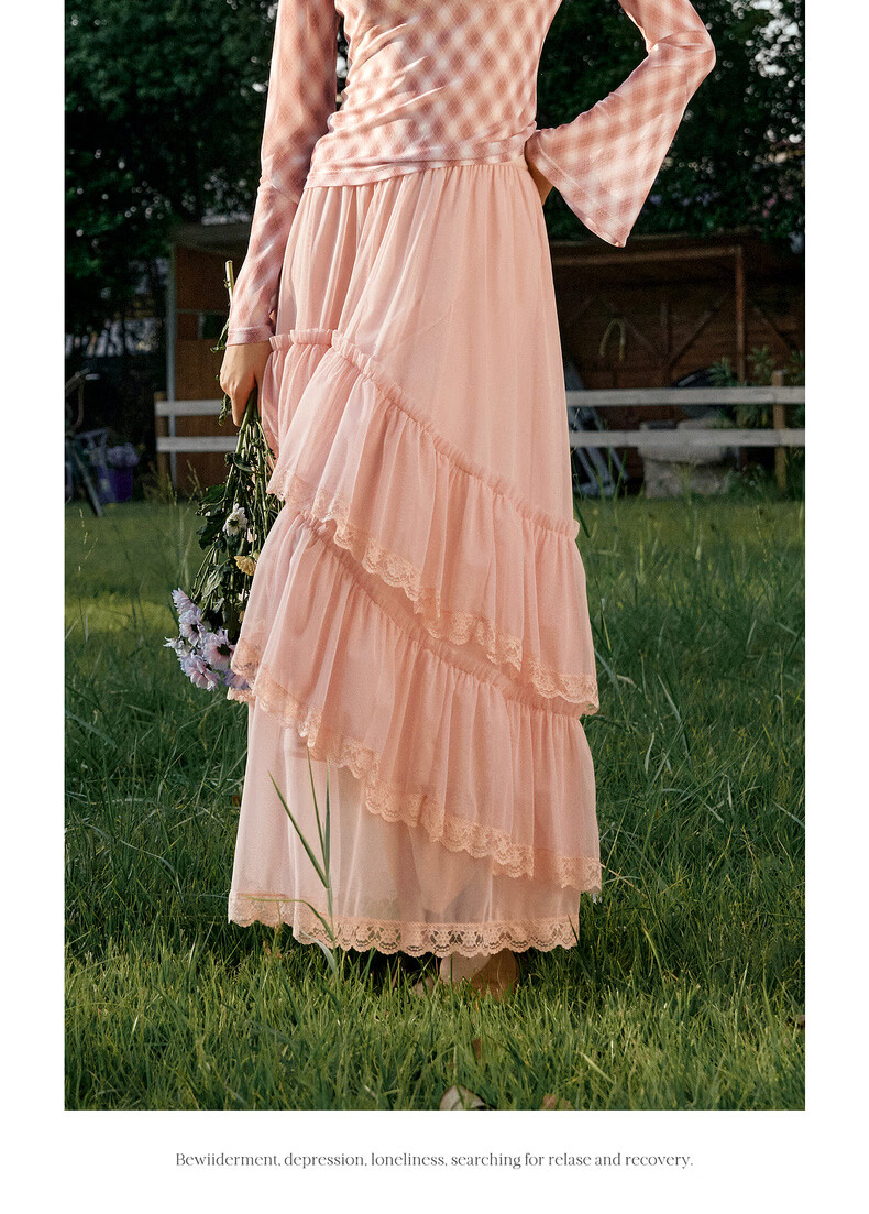 Olrain French Style Women's Skirt Spring Ruffle Lace Spliced Mesh Elegant Long Skirt Pink XL 16