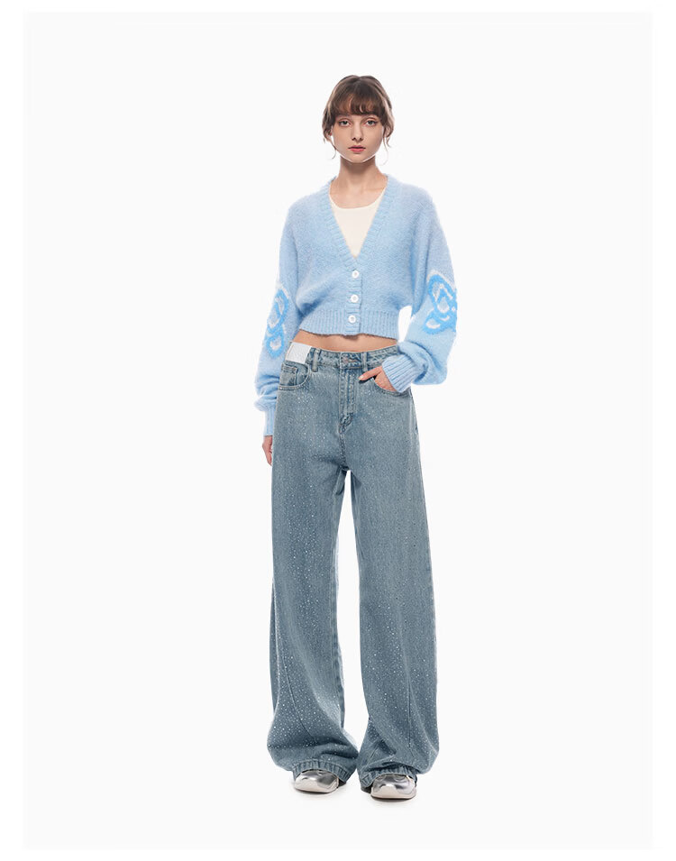 ANN ANDELMAN Starry Rhinestone Embellished Loose Straight-Leg Floor-Length Curved Hem Jeans Blue M (Ni Ni Style) 4