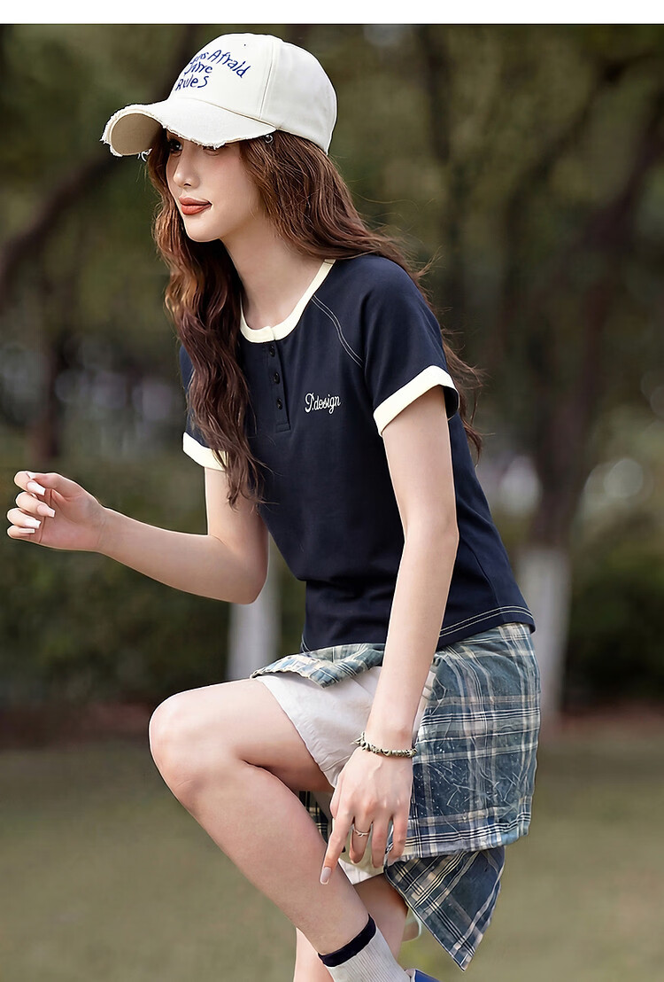 TonLion 2026 Summer Women's Colorblock Mid-Length Short Sleeve T-Shirt Navy Blue L 10