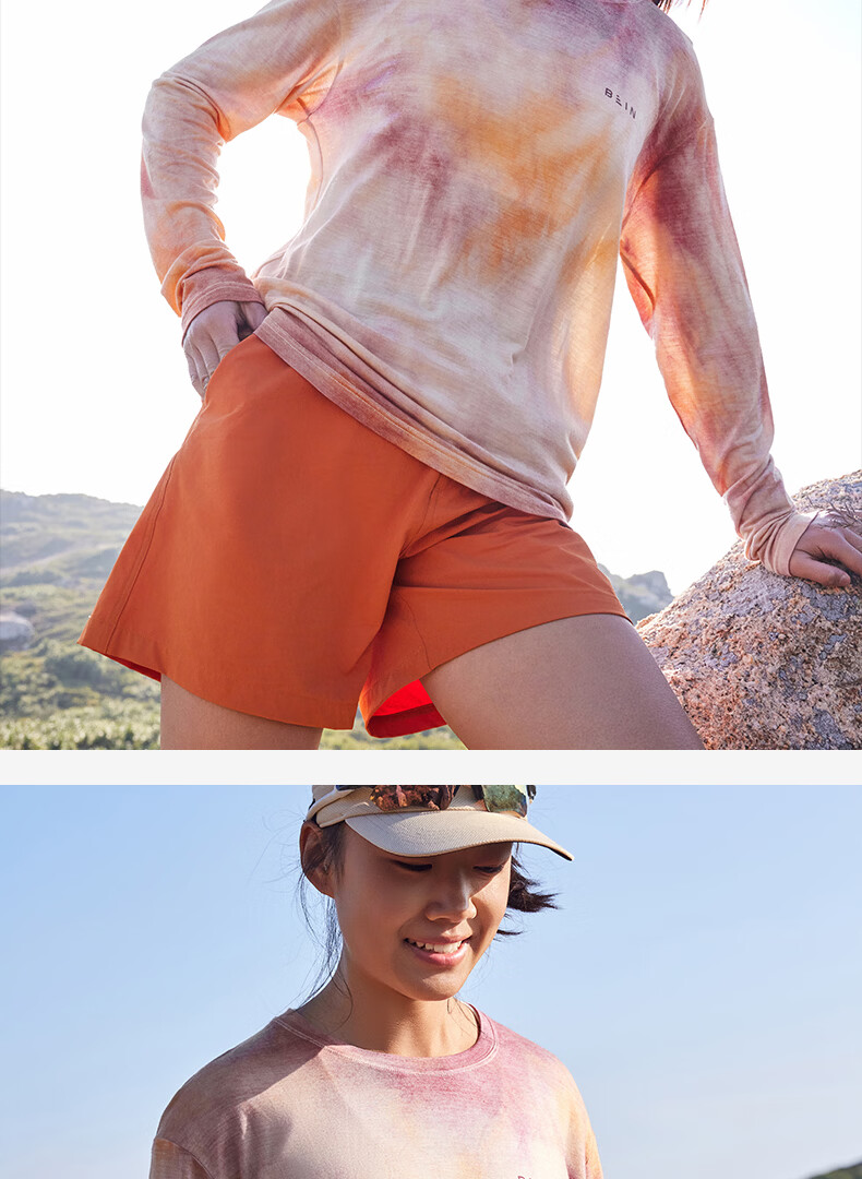 BEIN SPACE Spring New Merino Wool Handmade Tie-Dye Sports Outdoor Breathable Long Sleeve T-Shirt J026 Sunset Orange L 19