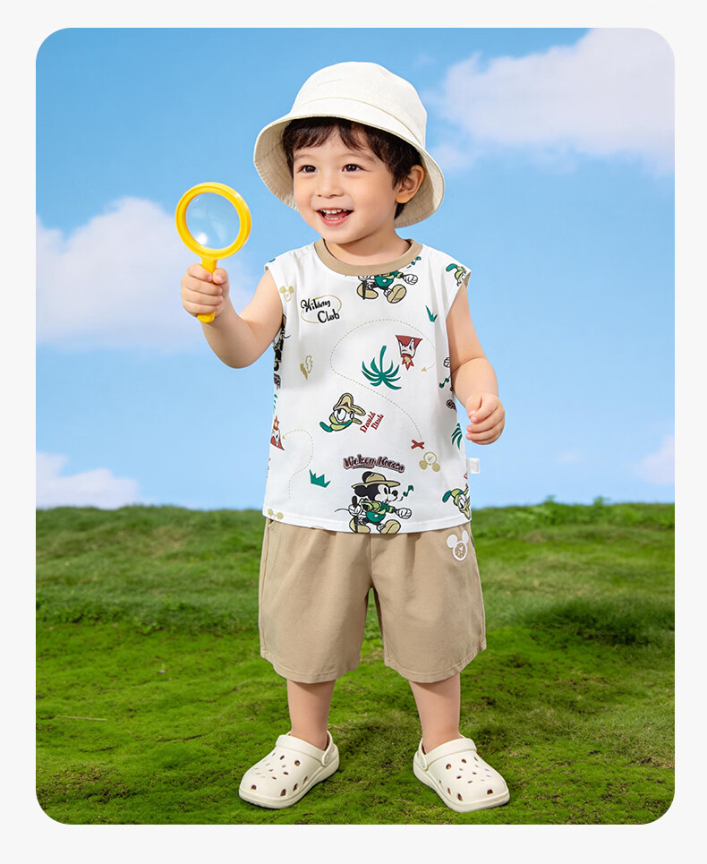 Disney Summer New Boys' Cooling Set Mickey Breathable Vest T-Shirt Casual Shorts Sports Two-Piece Set Khaki 130 18