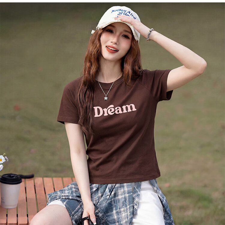 TonLion 2026 Summer Women's Text Print Short Sleeve T-Shirt Dark Coffee Brown L 9