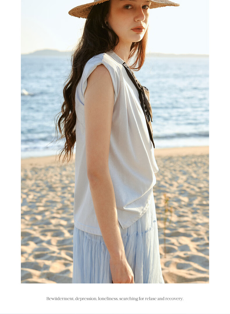 Olrain Eurier Scarf Collar Short Sleeve T-Shirt Women Summer New Casual Simple Commuter Knit Top Blue S 23