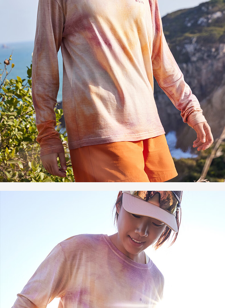 BEIN SPACE Spring New Merino Wool Handmade Tie-Dye Sports Outdoor Breathable Long Sleeve T-Shirt J026 Sunset Orange L 20
