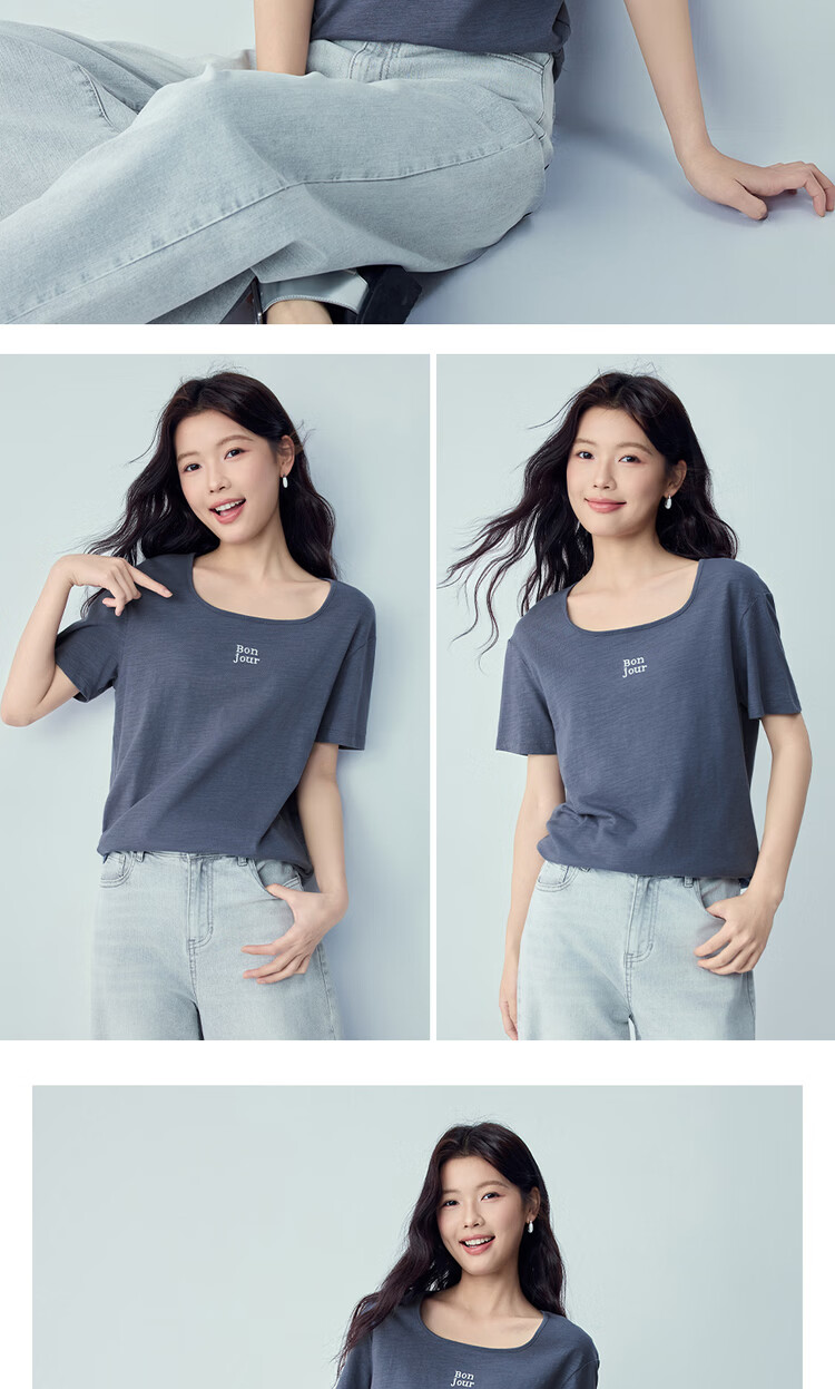 Giordano Women's Short Sleeve T-Shirt 2026 Summer New Bamboo Slub Cotton French Embroidery Square Neck Top 13326283 15