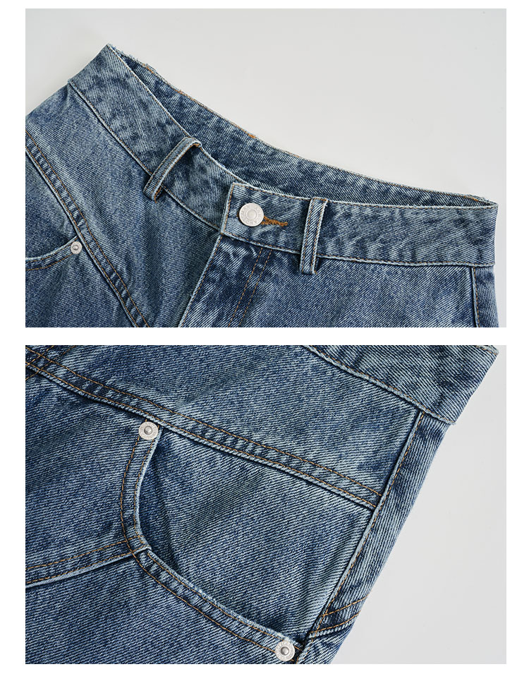 ANN ANDELMAN Star Style Four-Season Washed Vintage Diagonal Split Workwear Jeans Dark Blue 24 10