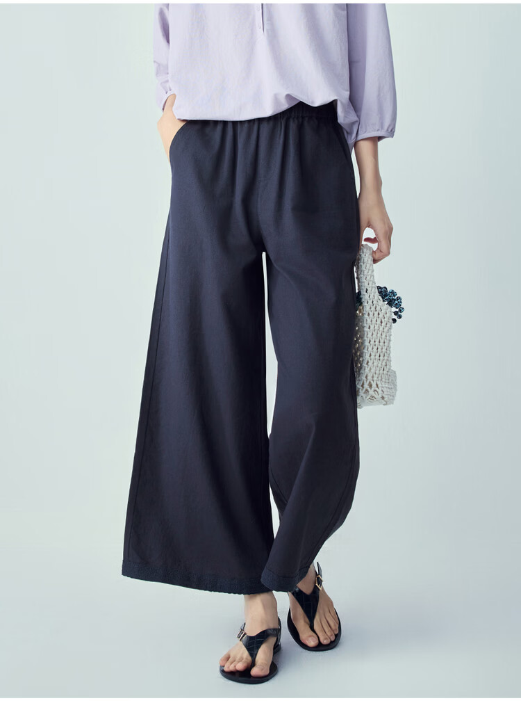 Giordano Women's Cotton Linen Pants 2026 Summer Patchwork Lace Elastic Waist Loose Cropped Wide-Leg Trousers 13426312 17