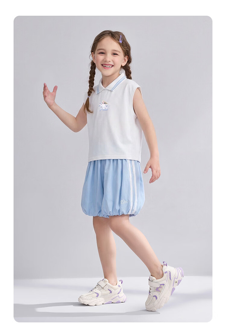 Disney Girls' Sleeveless Polo Collar Set Summer School Style Bud Shorts Two-Piece Set Off-White 160 10