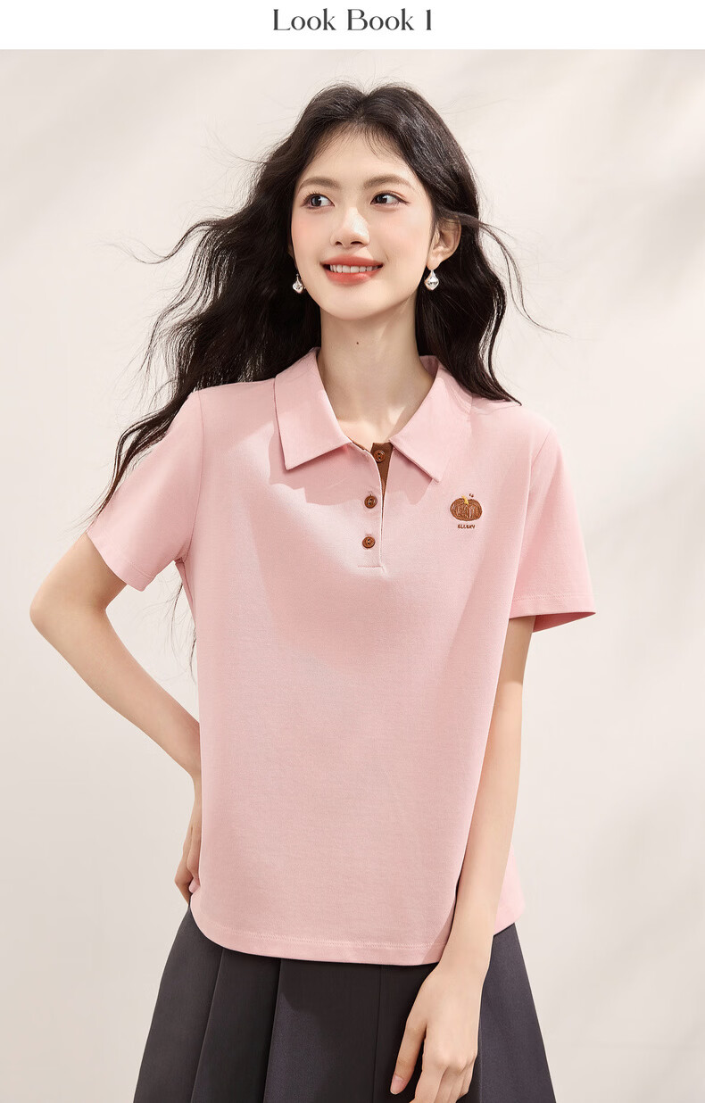 Sllsky Casual Polo Collar Short Sleeve Women's T-Shirt 2026 Summer New Versatile Fashion Embroidered Shoulder Tee 11