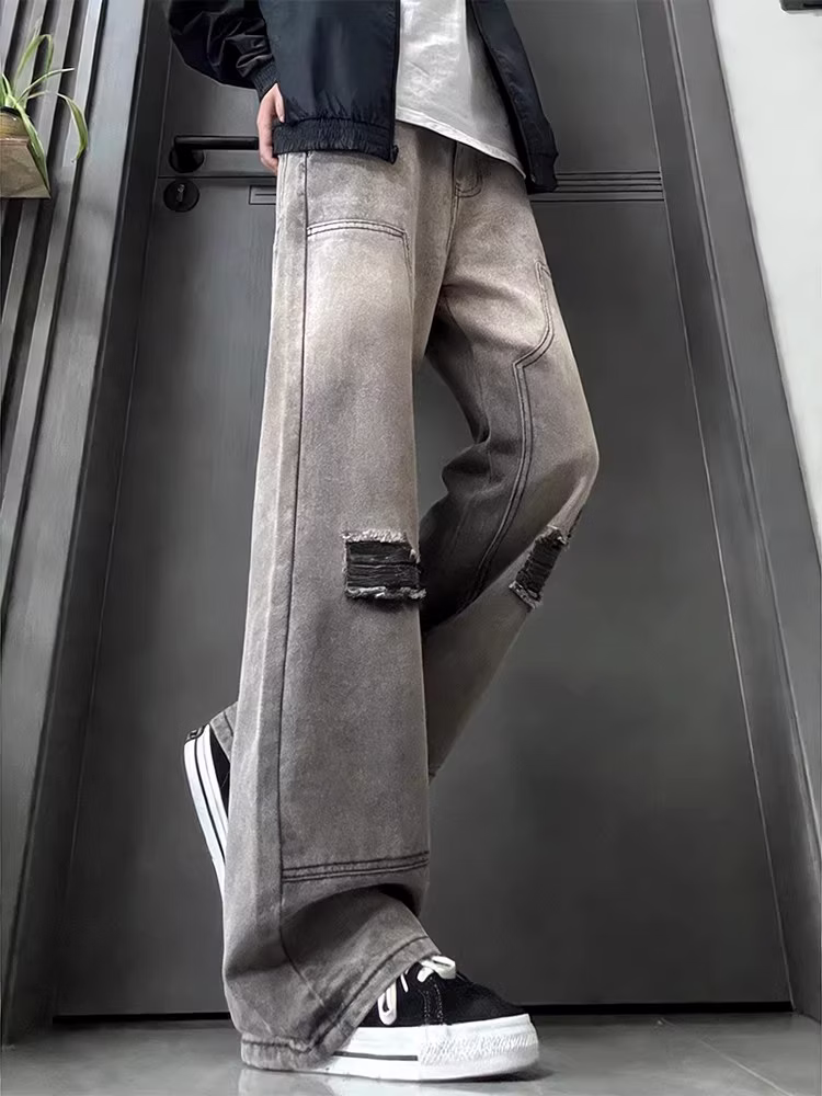 American Fake Ripped Tooling Jeans Men's American Vibe Wide-leg Pants Student Ruffian Handsome Micro-straight Casual Pants, Color (black) S_mkmklike.com