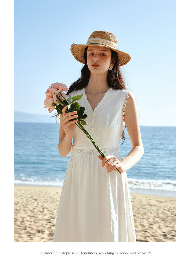 Olrain French Style V-Neck Lace Trim Waist Cinched Sleeveless Vest Dress Long Dress White M 17