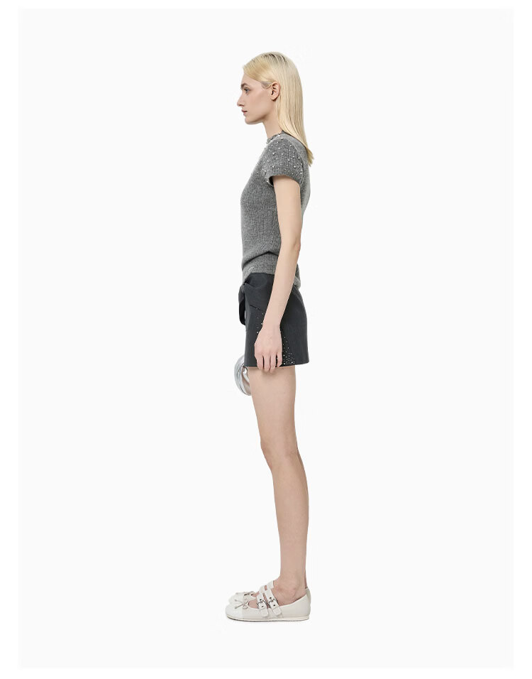 ANN ANDELMAN Galaxy Series Pearl and Diamond Embellished Semi-Turtleneck Short Sleeve Knit Top Fashion Slim Fit Gray XS 5