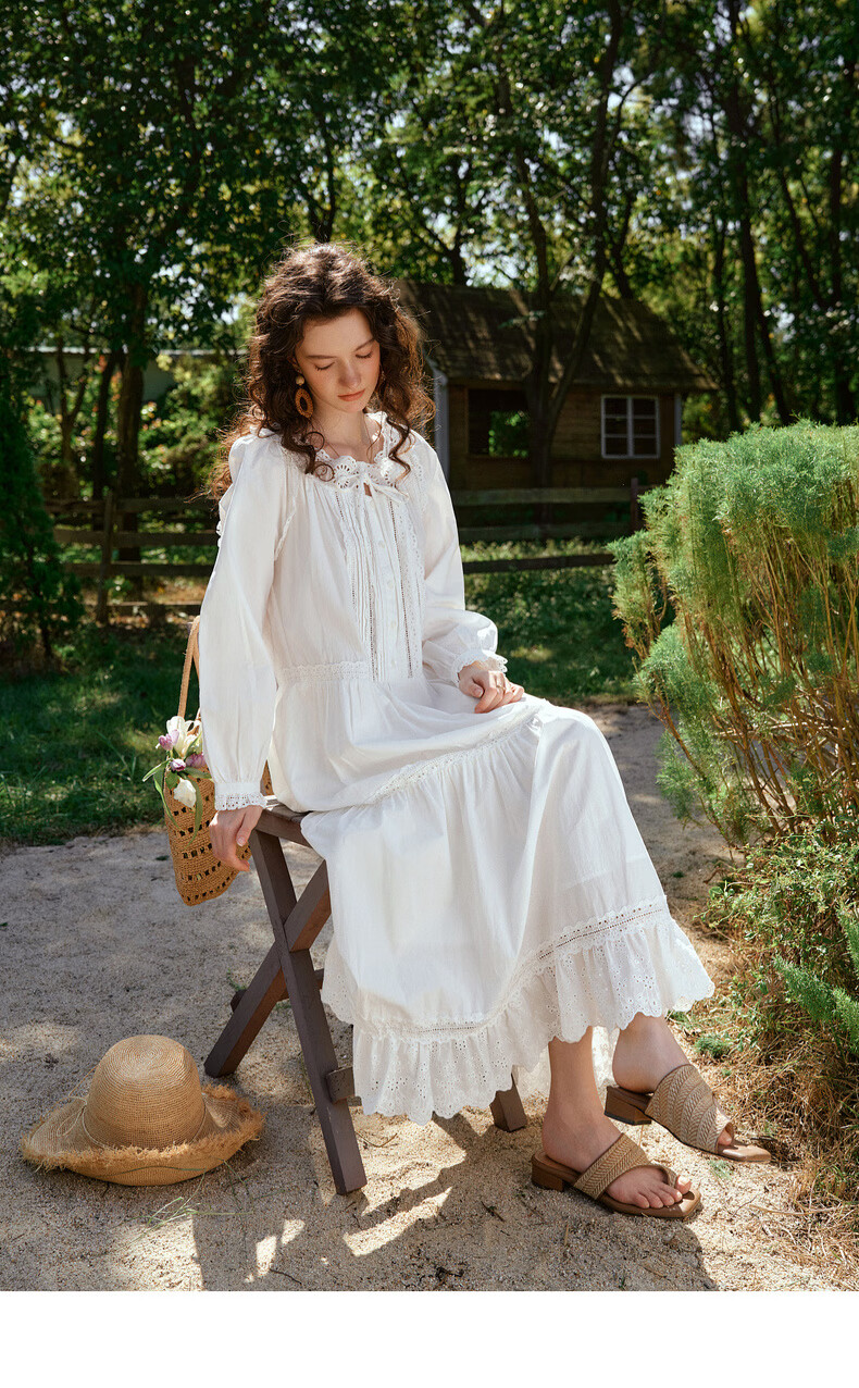 Olrain French Embroidered Hollow Lace Collar Long Sleeve Dress Women Spring Loose Elegant Long Dress White S 17