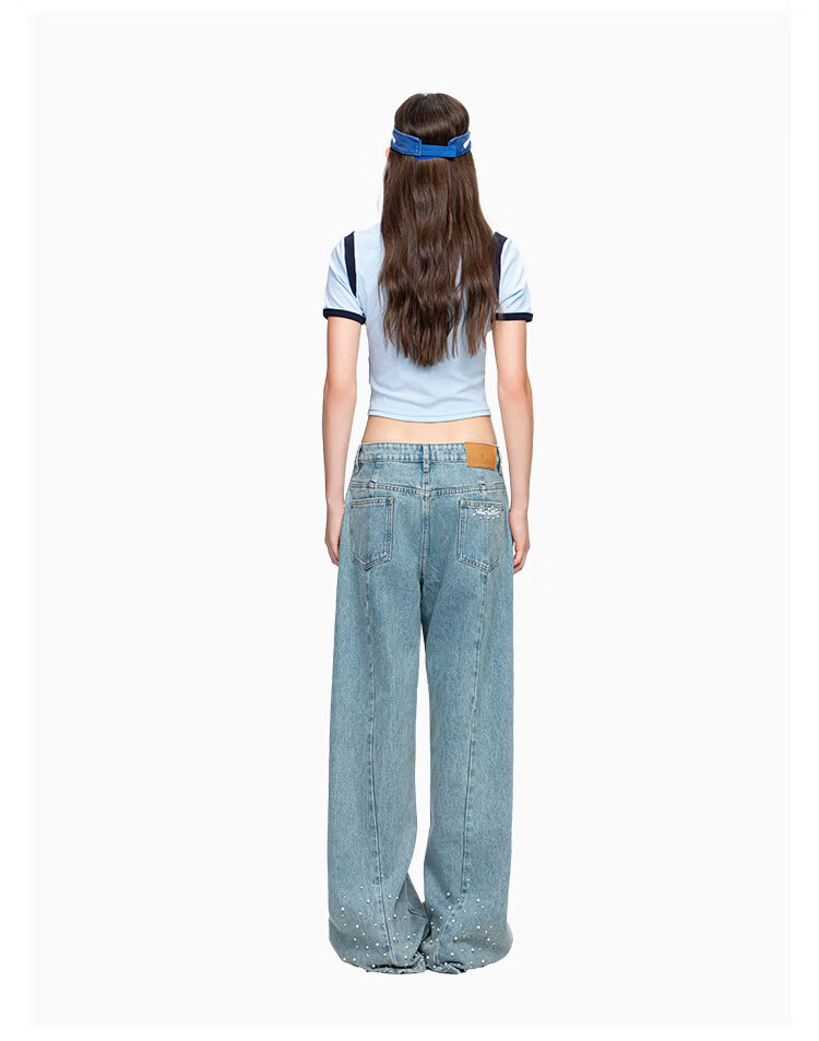 ANN ANDELMAN Curved Leg Wide-Leg Jeans with Rhinestone Pearls Washed Vintage Denim Blue Size 24 - Wuwenwen Same Style 6
