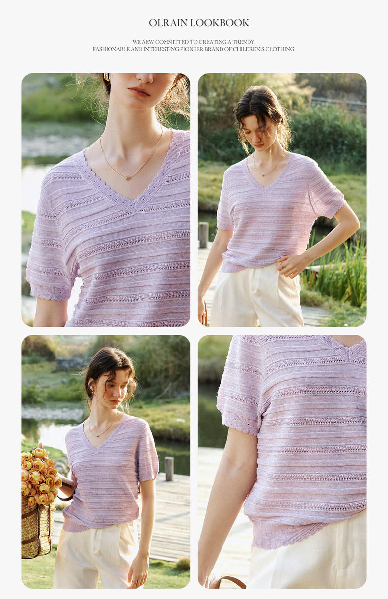 Olrain Purple V-Neck Hollow Casual Simple Short Sleeve Pullover Knit Top for Women, Size M 12