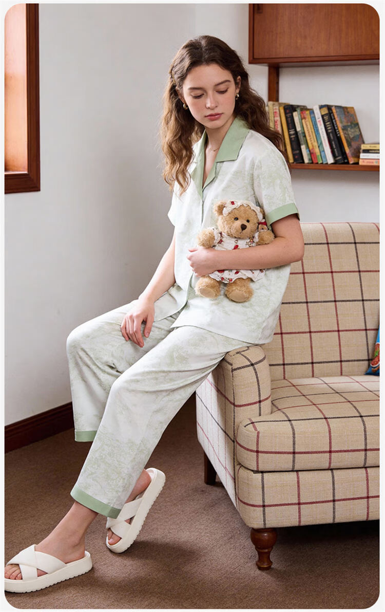 Urban Beauty Women's Pajamas New Short Sleeve Long Pants Cool Ice Silk Satin Printed Homewear Set Spring Summer 2026 New Arrival 20