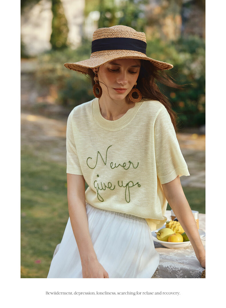 Olrain Eurielle Summer New Women's Lazy Bamboo Slub Yarn Knit Loose Versatile Thin Pullover Light Yellow M 14