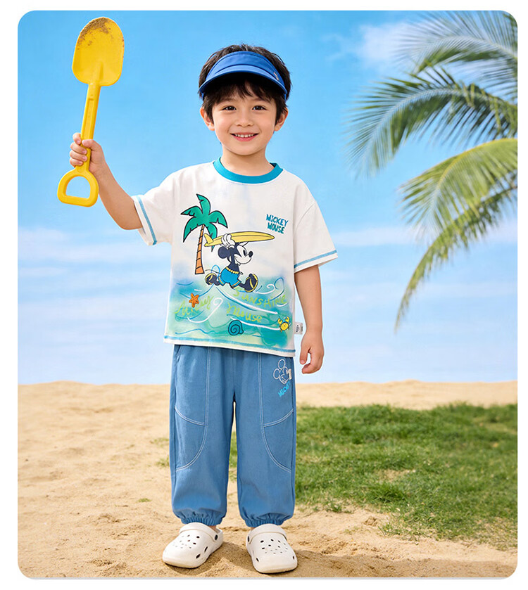 Disney Cooling Short Sleeve T-Shirt and Lightweight Breathable Anti-Mosquito Long Pants Set for Boys Summer New Ice Feeling Set Blue White Size 90 12
