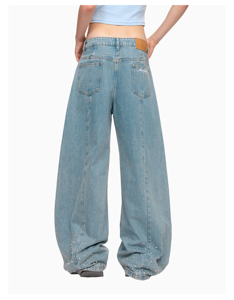 ANN ANDELMAN Curved Leg Wide-Leg Jeans with Rhinestone Pearls Washed Vintage Denim Blue Size 24 - Wuwenwen Same Style 9