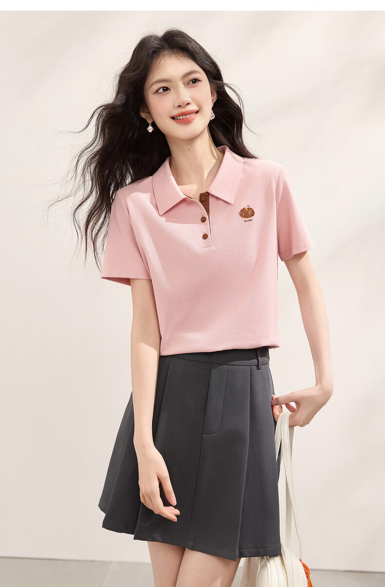 Sllsky Casual Polo Collar Short Sleeve Women's T-Shirt 2026 Summer New Versatile Fashion Embroidered Shoulder Tee 13