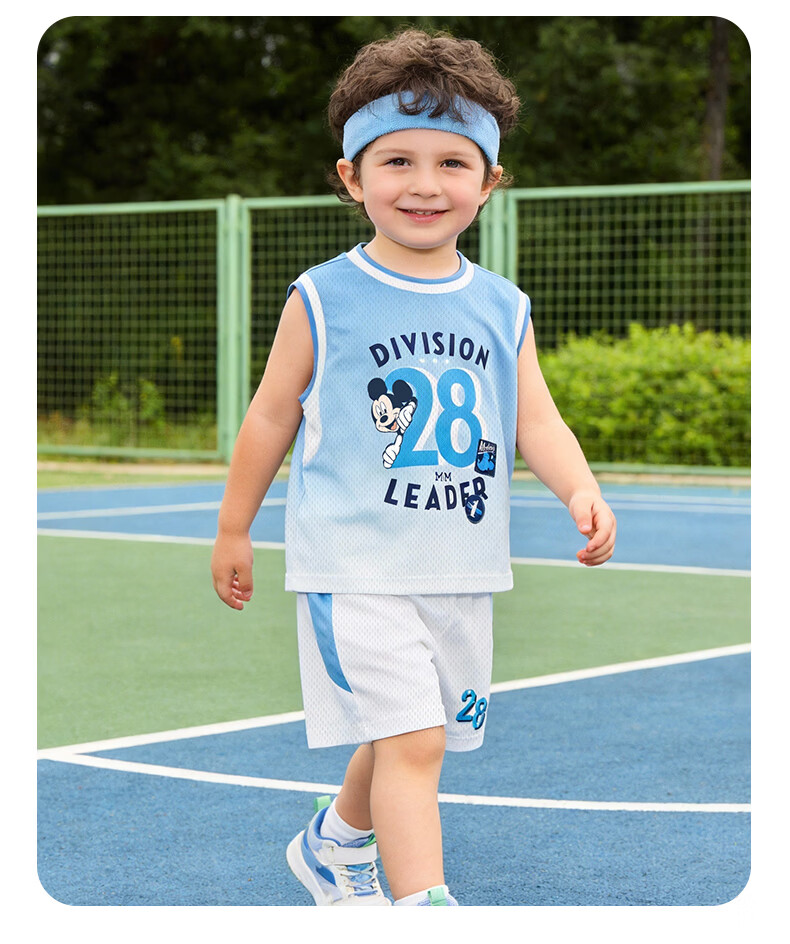 Disney Mickey Basketball Jersey Summer New Boys' Sleeveless Breathable T-Shirt Short Tennis Soccer Shirt Sky Blue 130 14