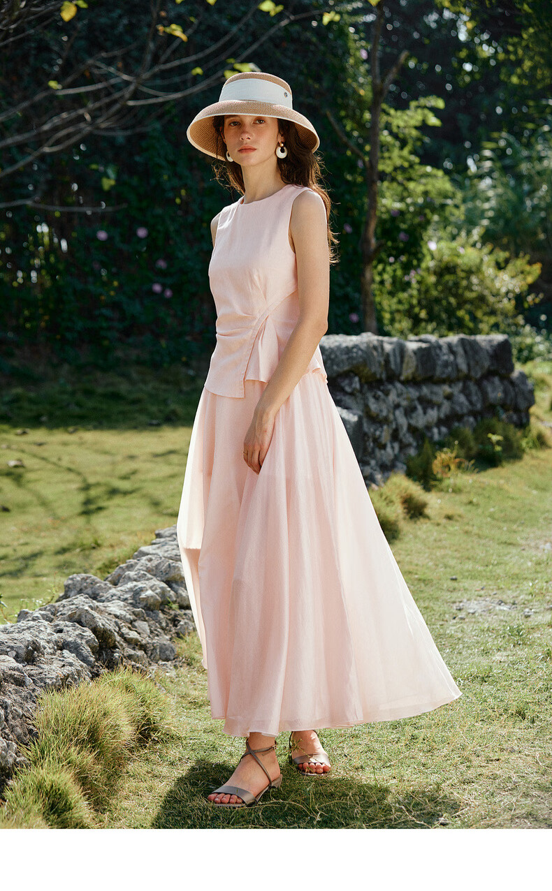 Olrain Eurier Summer Lyocell Linen Dress Women Fake Two-Piece Vest Dress Light Pink M 14