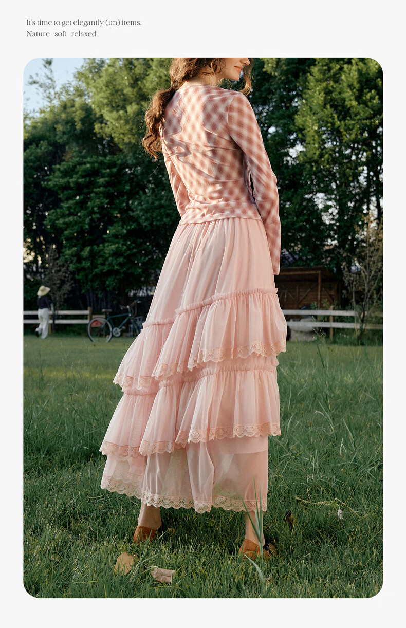 Olrain French Style Women's Skirt Spring Ruffle Lace Spliced Mesh Elegant Long Skirt Pink XL 12