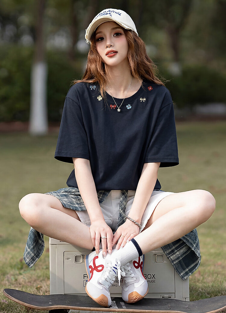 TonLion 2026 Summer New Women's Short Sleeve T-Shirt Round Neck Navy Blue Pure Cotton Unique Design Shoulder Top Trend 2