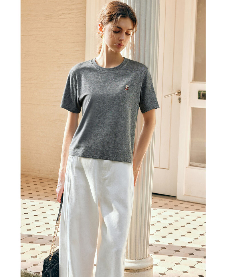 Olrain Eurail Summer New Round Neck Casual Fashion Versatile Embroidered Short Sleeve T-Shirt for Women Gray S 13