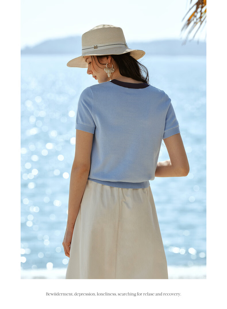 Olrain Oureier New Summer Jacquard Embroidered Round Neck Casual Short Sleeve Knit Pullover Top for Women Blue S 20