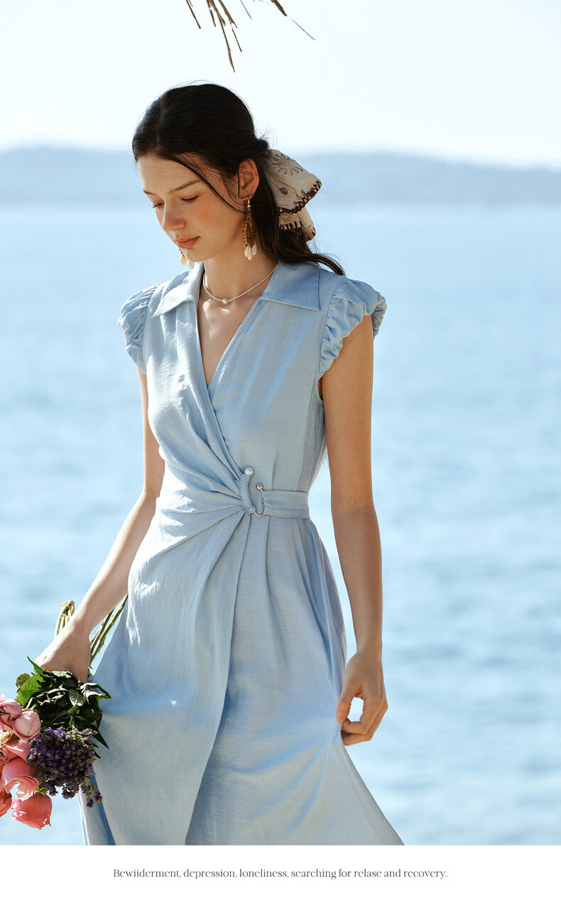 Olrain French Style Lace-Up Waist Design New Vacation Casual Puff Sleeve Dress Blue XL 9