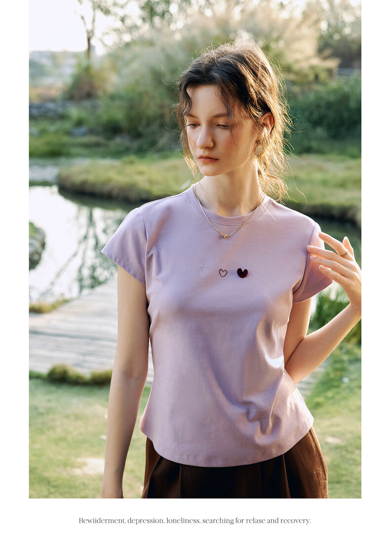 Olrain Oureier Summer New Women's Round Neck Heart Embroidery Casual Pullover Short Sleeve T-Shirt Top Purple M 16
