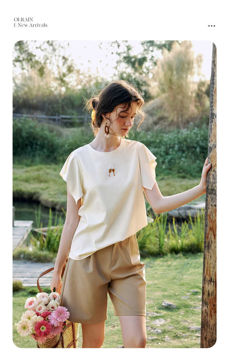 Olrain French Style Short Sleeve T-Shirt Women Summer New Loose Casual Commuting Ruffle Sleeve Top Yellow S 6